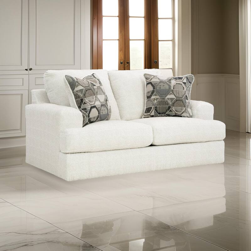 Henly 70 Inch Loveseat, 2 Accent Pillows, Oversized, Soft White Polyester