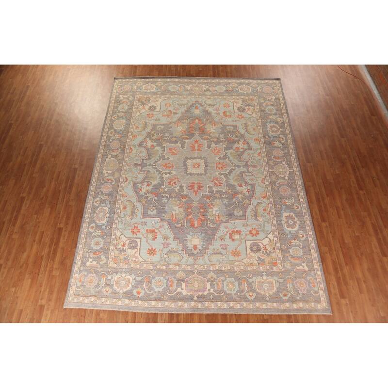 Vegetable Dye Oushak Turkish Large Area Rug Handmade Grey Wool Carpet - 10'2"x 13'9"
