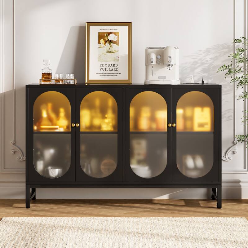 Modern Farmhouse Black Sideboard Buffet with USB Port, Black Storage Bar Cabinet with LED Light