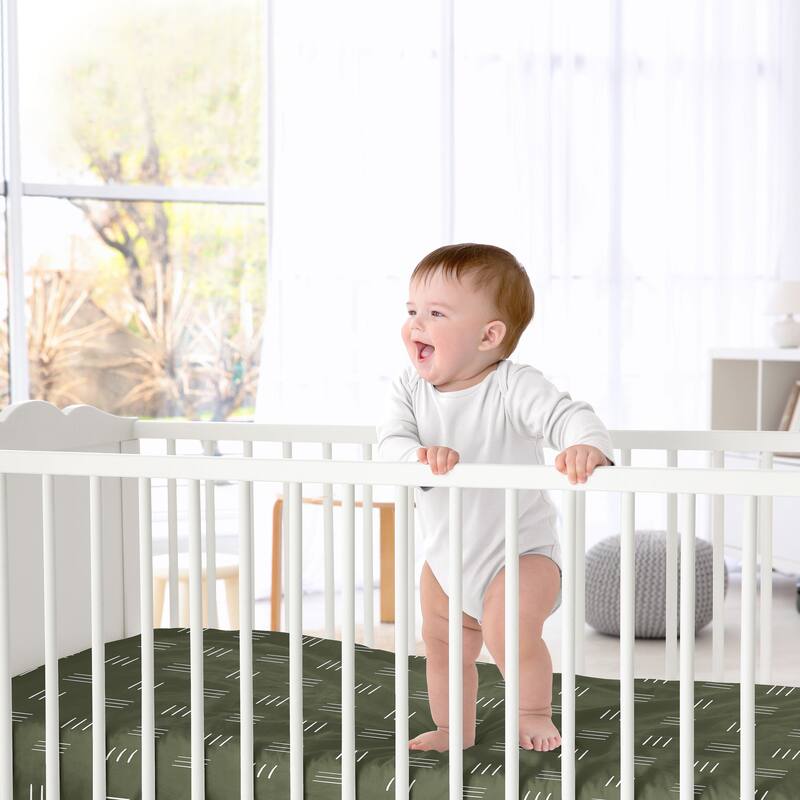 Hunter Green Boho Mudcloth Collection Boy Fitted Crib Sheet - White Bohemian Woodland Tribal Southwest Mud Cloth Hatch Line