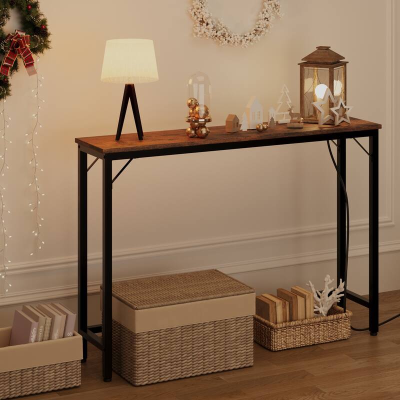 Console Table with Outlets, Narrow Sofa Table with Charging Station