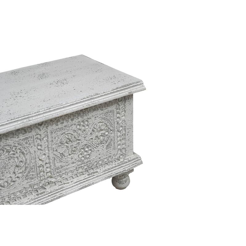 HomeRoots 54" White Solid Wood Medallion Storage Ottoman