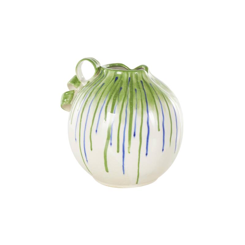 White Ceramic Abstract Decorative Vase with Green and Blue Drip Design and Handle