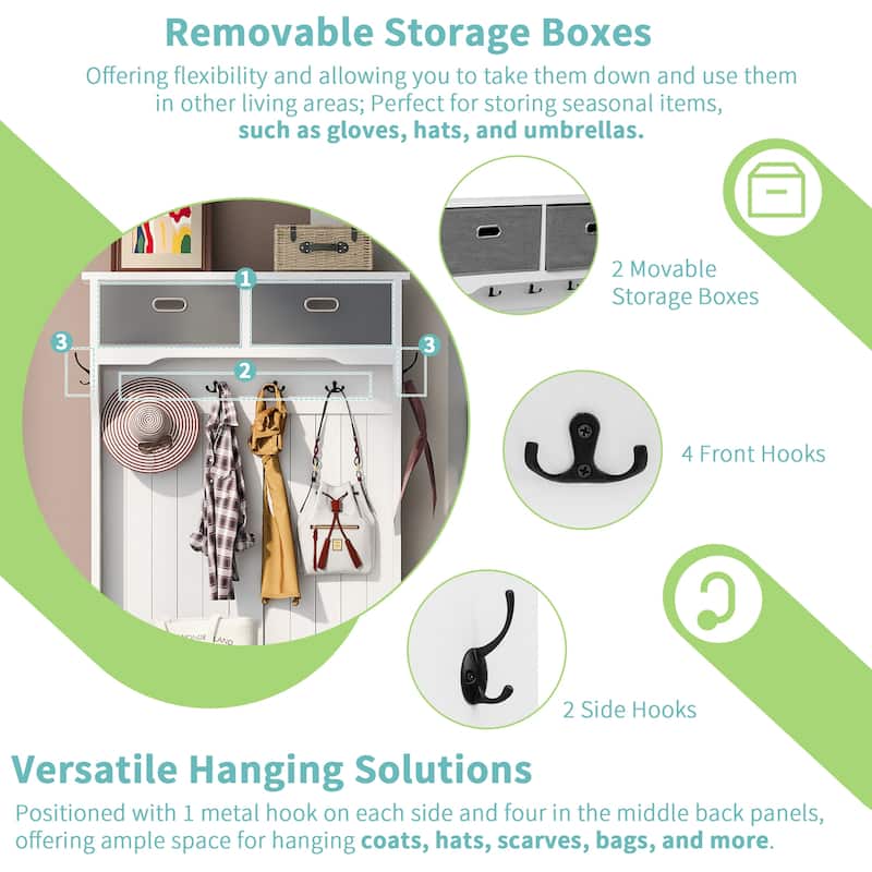 Hall Tree with 6 Hooks & Hinged-Lid Storage Bench, Entryway Coat Rack with Drawers & Shoe Cubbies, 34.2W x 68.5H