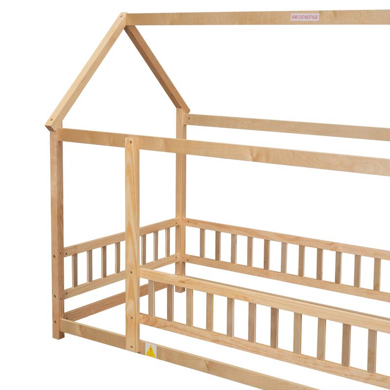 Floor Wooden Bed with House Roof Frame, Fence Guardrails