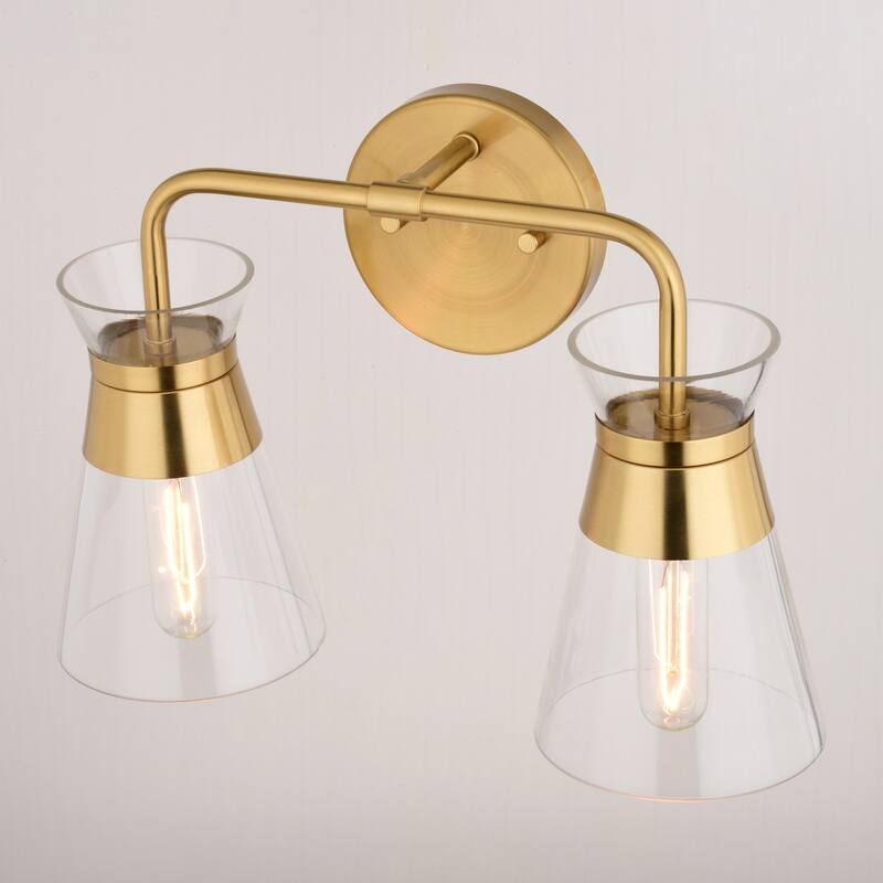VAXCEL Harper Natural Brass Gold Mid-Century Modern Bathroom Vanity Lighting Fixture, Clear Glass Shade, Wall Sconce