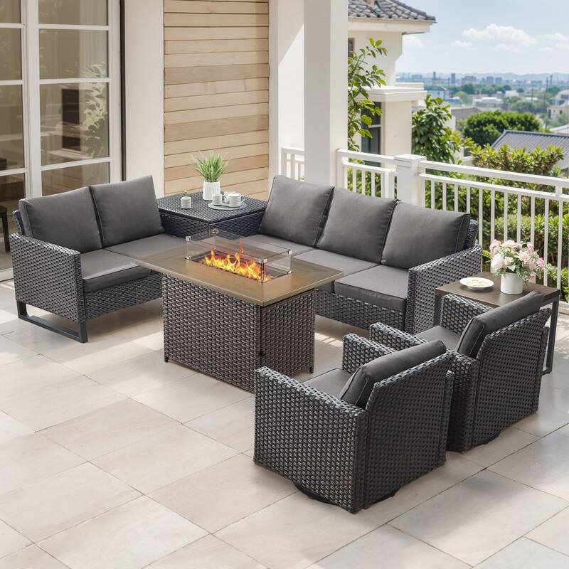 Gymojoy 7 Piece All-Weather Wicker Outdoor Patio Family Conversation Set Group With Fire Pit Table