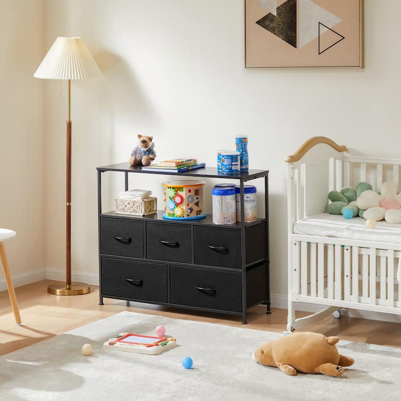 5 Fabric Drawers Dresser for Bedroom TV with Open Storage Shelf - Black