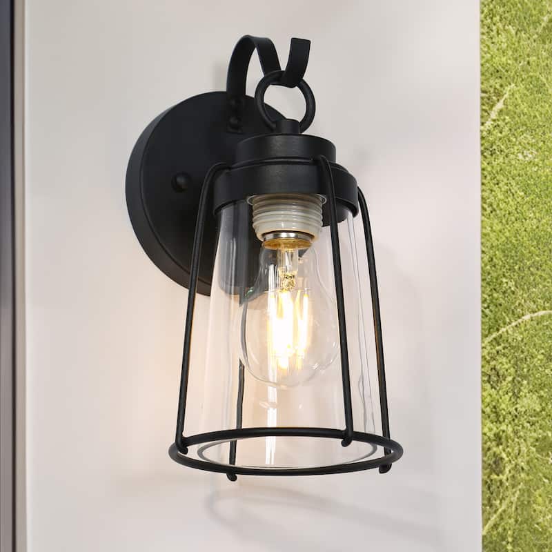 Modern Textured Black 1-Light Unique Outdoor Wall Sconce with Clear Cone Glass for Porch - L 5.5"* W 5.9"* H 9.1"