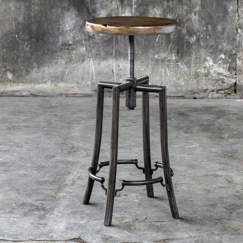 32 Inch Industrial Bar Stool Adjustable Dark Walnut Suar Wood Seat