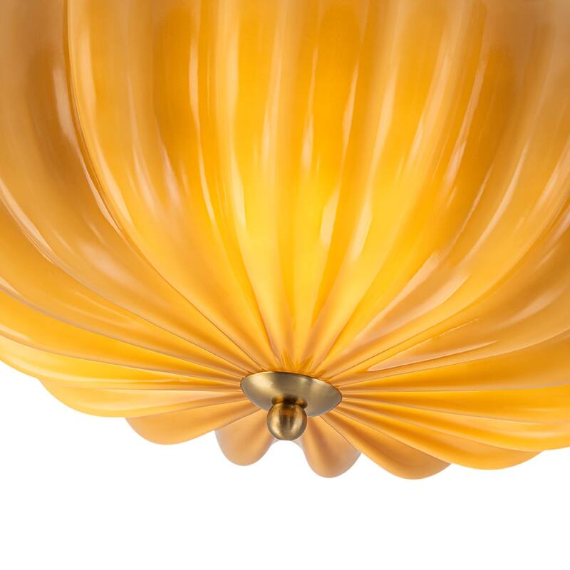 Caramel Brown Art Glass Flower Scalloped Round Ceiling Light - 11.8 Inches