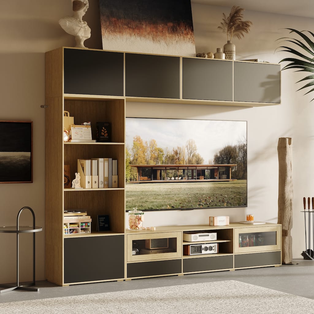 Wall Entertainment Center with Storage Cabinets,TV Stand and Shelving Oak and Black Modular Unit - 92.7"W