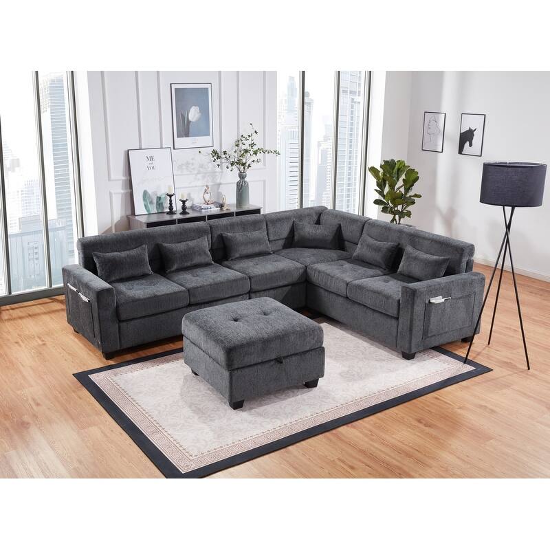 Trey 115"W Gray Chenille Sectional with Adjustable Backrest, Charging Ports, Pockets, Tufting, Storage Ottoman, Throw Pillows