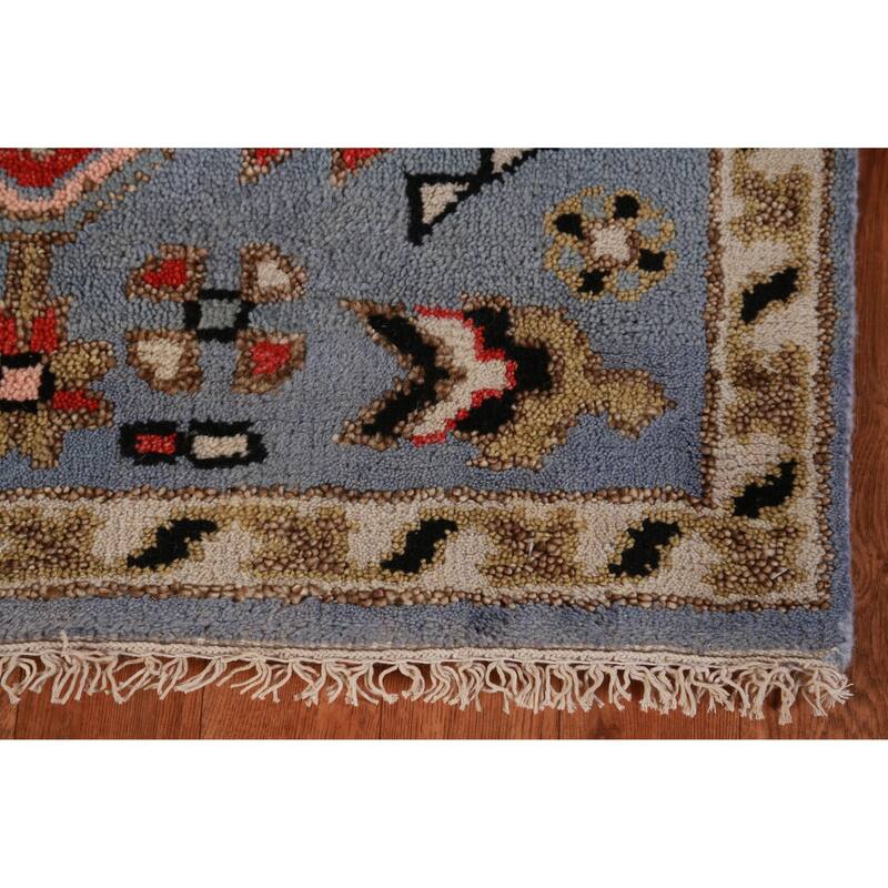 Hand Knotted Oriental 100% Wool Carpet Traditional Geometric Navy Blue & Blues Heriz (serapi) Runner Rug - 7' 6'' X 2' 7''