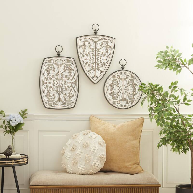 Wooden Floral Carved Design Home Wall Decor with Ring Hanger - Set of 3 White - Roche River Decor