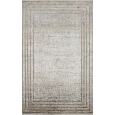 Machine Made Oriental Polyester Carpet Geometric Beige & Ivories Distressed Area Rug - 7' 5'' X 5' 2''