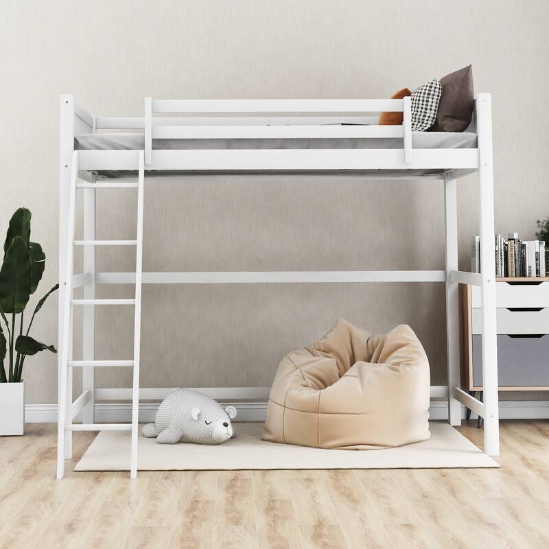 Modern Simple Style Twin Size Solid Pine Wood Loft Bed with Full Length Guardrail and Inclined Ladder