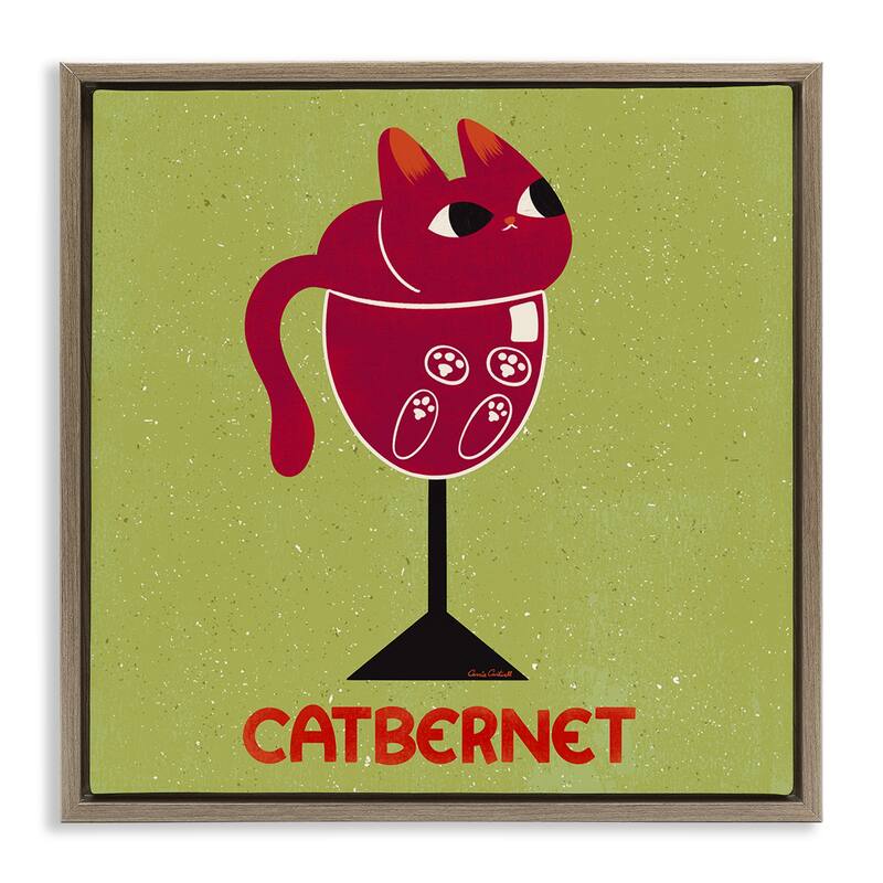 Stupell Catbernet Cat Wine Framed Floater Canvas Wall Art Design By Carrie Cantwell - 25 x 25 - Brown