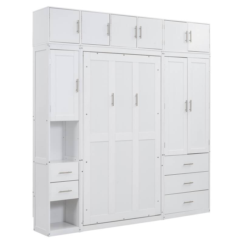 Space-Saving Twin Murphy Bed with Lockers and Wardrobes, White