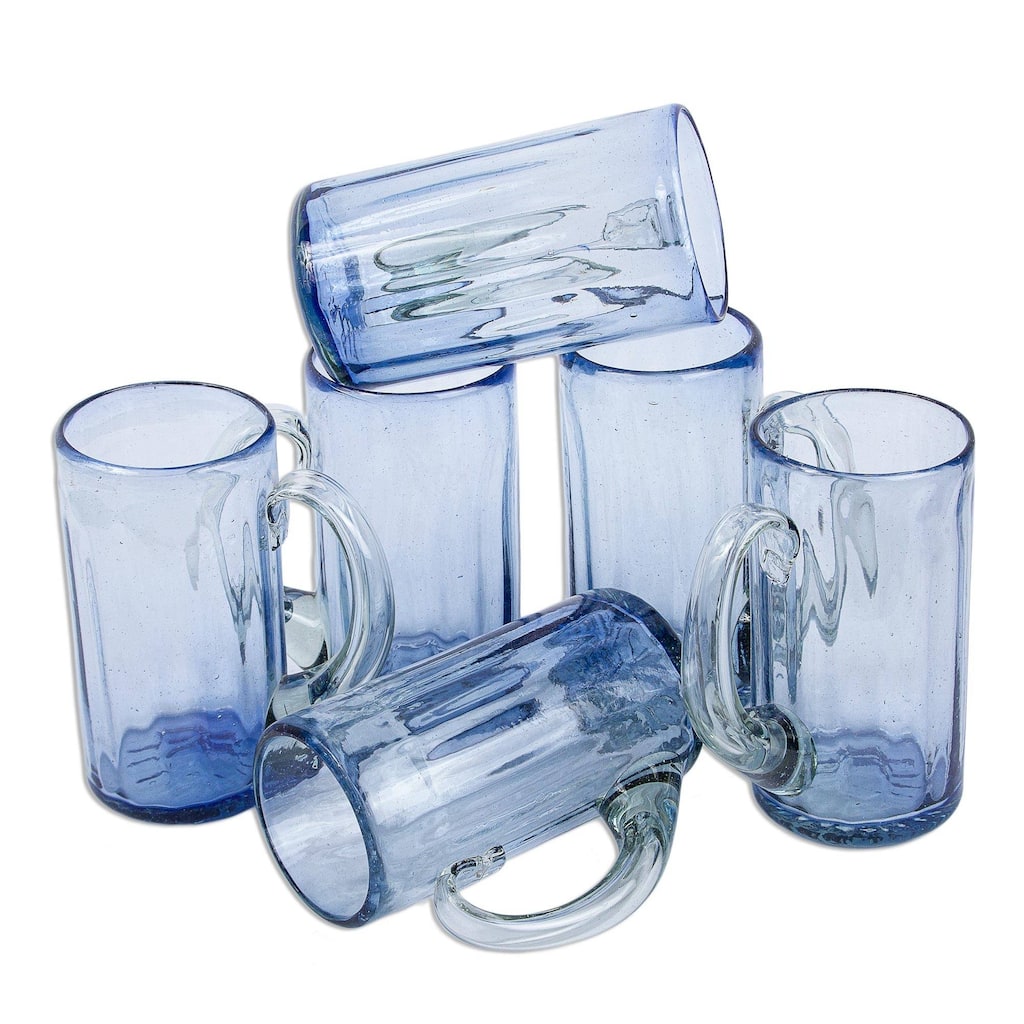 NOVICA Hand blown beer mugs, 'Fiesta Azul' (set of 6)