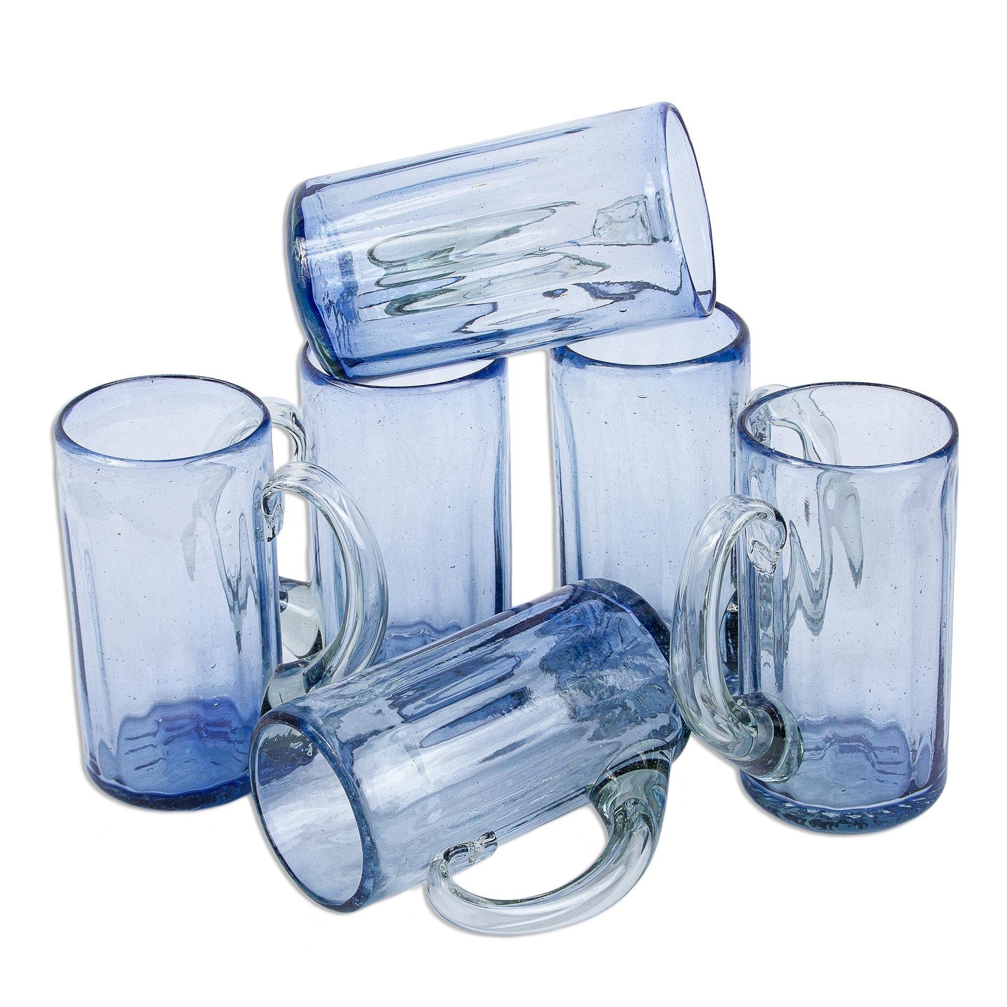 NOVICA Hand blown beer mugs, 'Fiesta Azul' (set of 6)