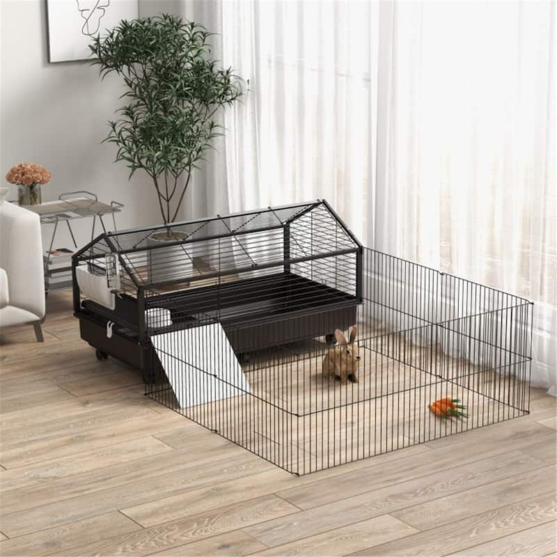 Black Small Playpen Cage with Front Door and Ramp Ideal for Bunnies and Hedgehogs - 47.25" L x 67" W x 24.5" H - Black