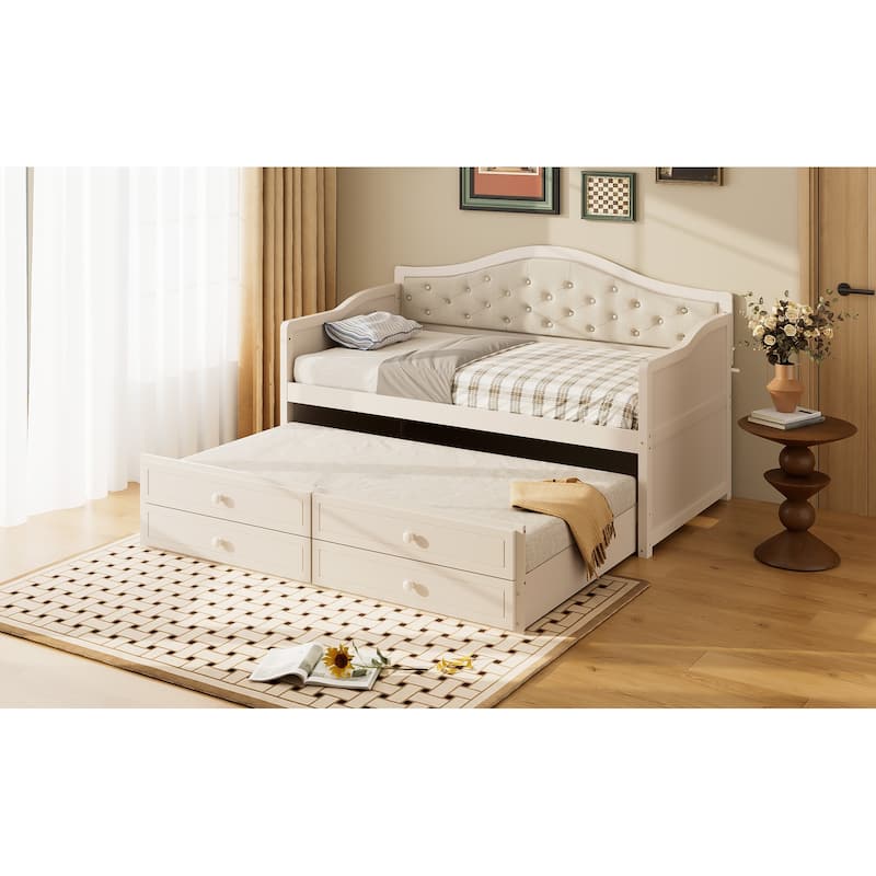 Wooden Frame Day Bed, Twin Size Daybed with Trundle Bed, Upholstered Tufted Button Backrest Sofa Bed with 2 Storage Drawers