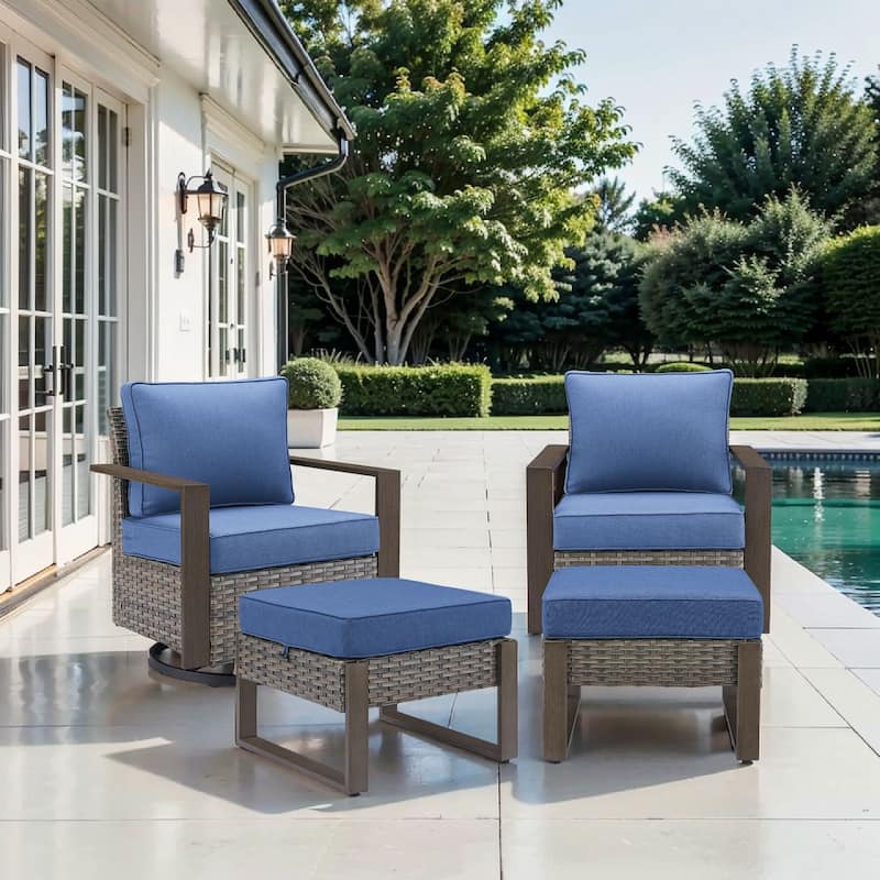 Pocassy 4 Pieces Outoor Patio Swivel Chair Ottoman Set - Blue cushion - Gray Wicker