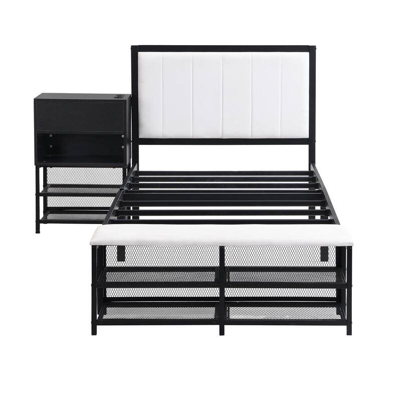 Metal Platform Bed with Two-Tier Storage Shelves, Wooden Storage Cabinet