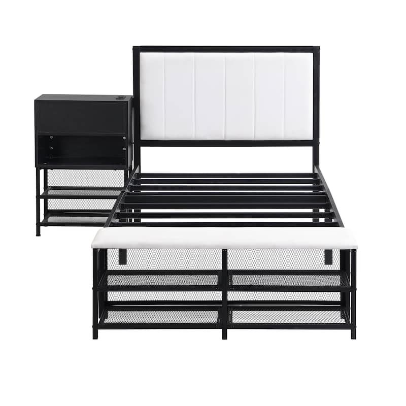Platform Bed with 2-Tier Storage Shelves & Wooden Storage Cabinet, Metal Bed Frame w/Upholstered Headboard & USB Ports