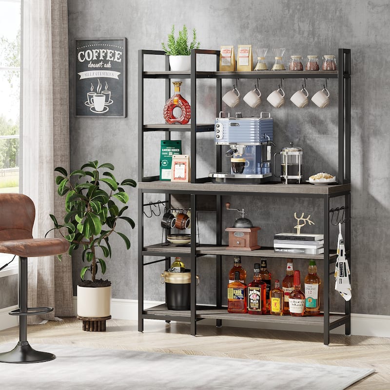 Brown Industrial Wood Bakers Rack with Storage,Black Modern Microwave Oven Stand,5-Tier Kitchen Utility Storage Shelf