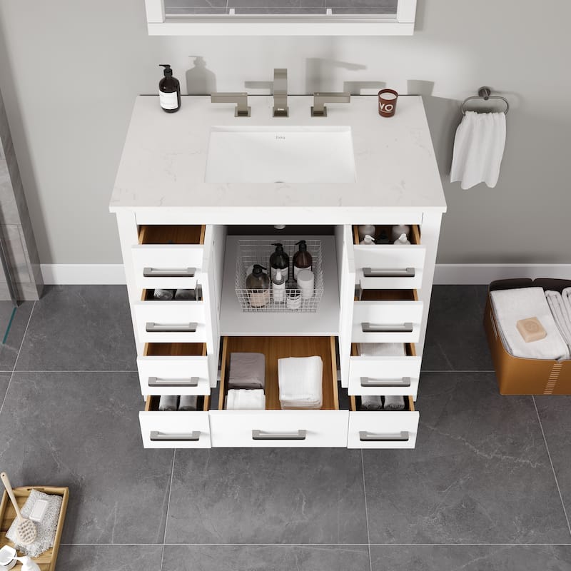 Eviva Hampton 36"W x 22"D White Bath Vanity with White Carrara Quartz Top