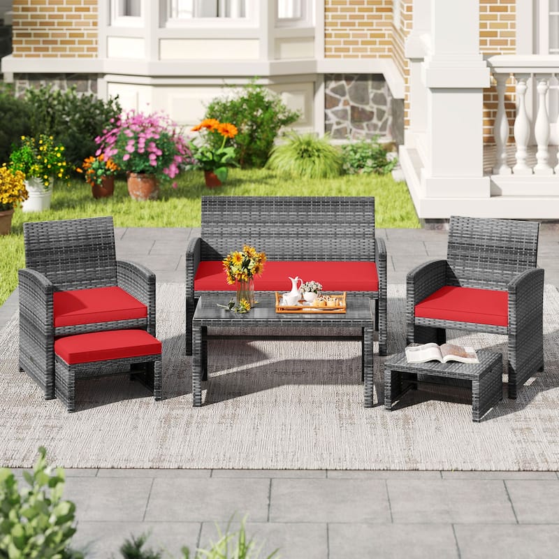 Costway 6PCS Patio Furniture Set Outdoor Sectional Conversation PE - See Details - Red