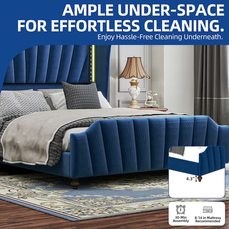 Moasis Queen Size Velvet Upholstered Platform Bed Frame with Wingback Headboard & LED Light