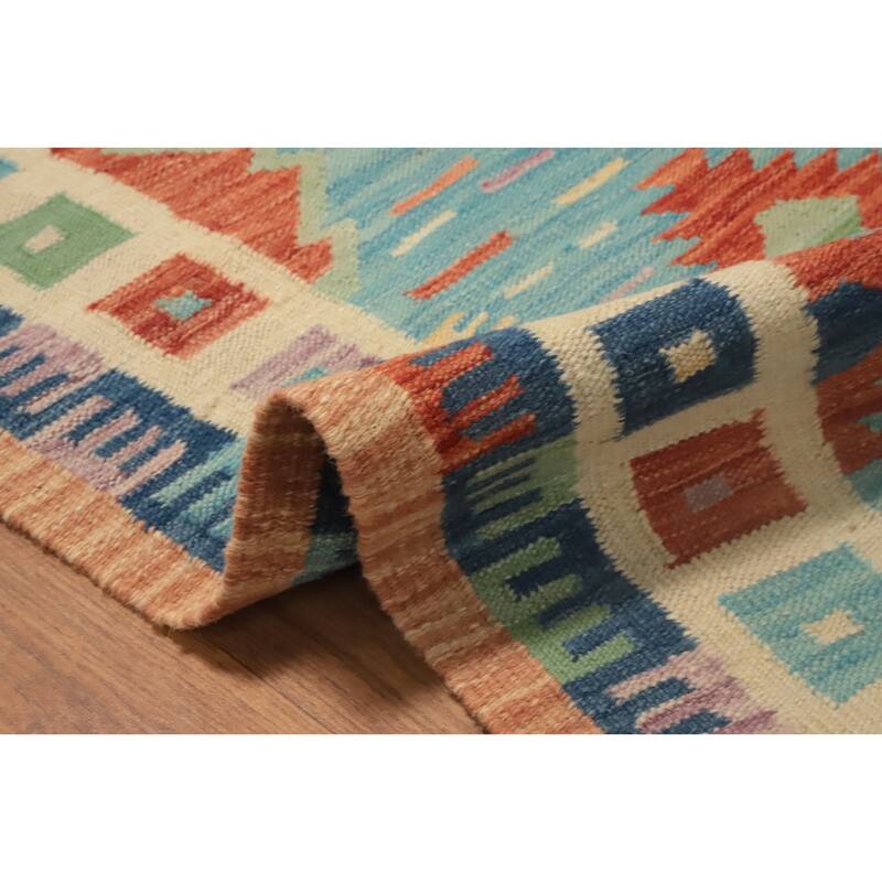 Hand Woven Oriental 100% Wool Carpet Southwestern Tribal Navy Blue & Blues Kilim Runner Rug - 10' 10'' X 2' 4''