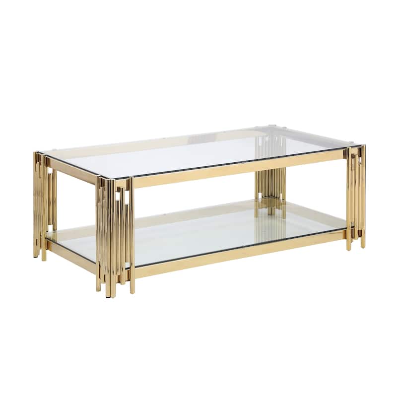 Woker Furniture 48" Wide Rectangular Coffee Table with Glass Top, Golden Stainless Steel