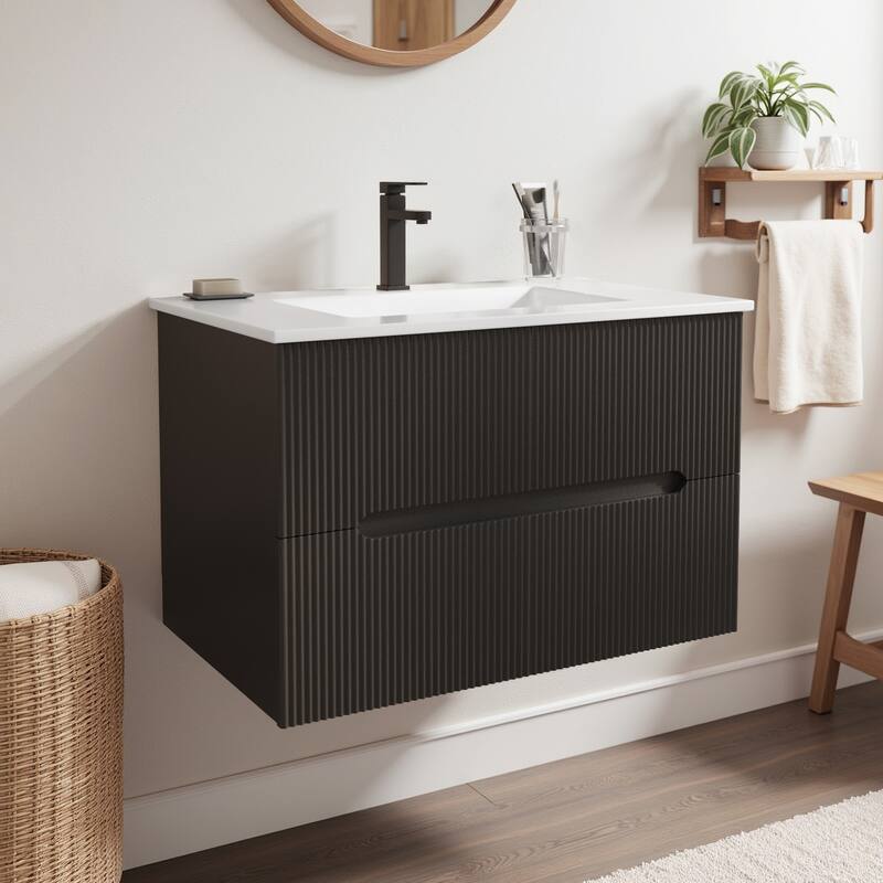 EROMMY 24/30 Inch Floating Bathroom Vanity with Sink, Modern Sink Cabinet with 2 Drawers and Soft-Close Design