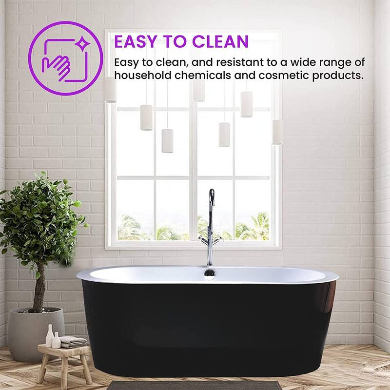Vanity Art 67.7" Freestanding Black Acrylic Bathtub Stand Alone Soaking Tub with Polished Chrome Round Overflow & Pop-up Drain