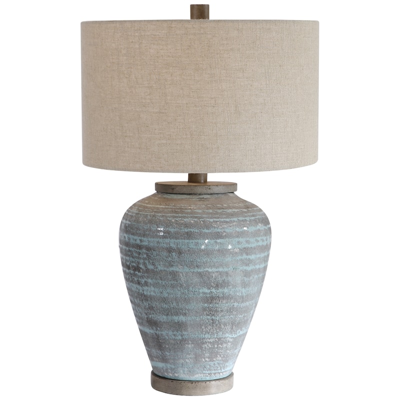Bohemian Crackle Glaze Ceramic Table Lamp with Beige Drum Shade - 27.5" - Blue