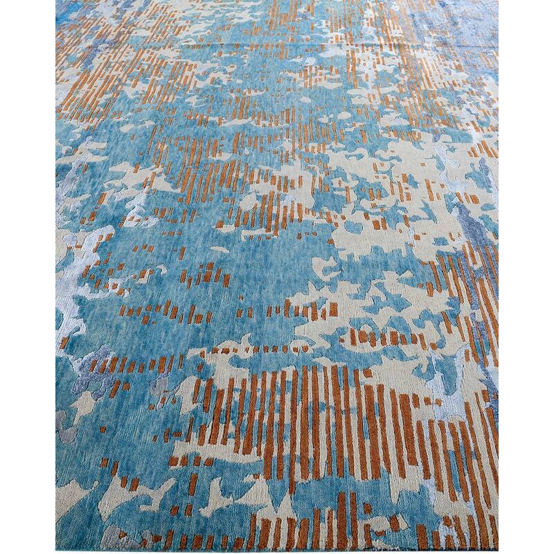 Modern One-of-a-Kind Hand-Knotted Area Rug - Navy, 9' 1" x 12' 3" - 9' 1" x 12' 3"