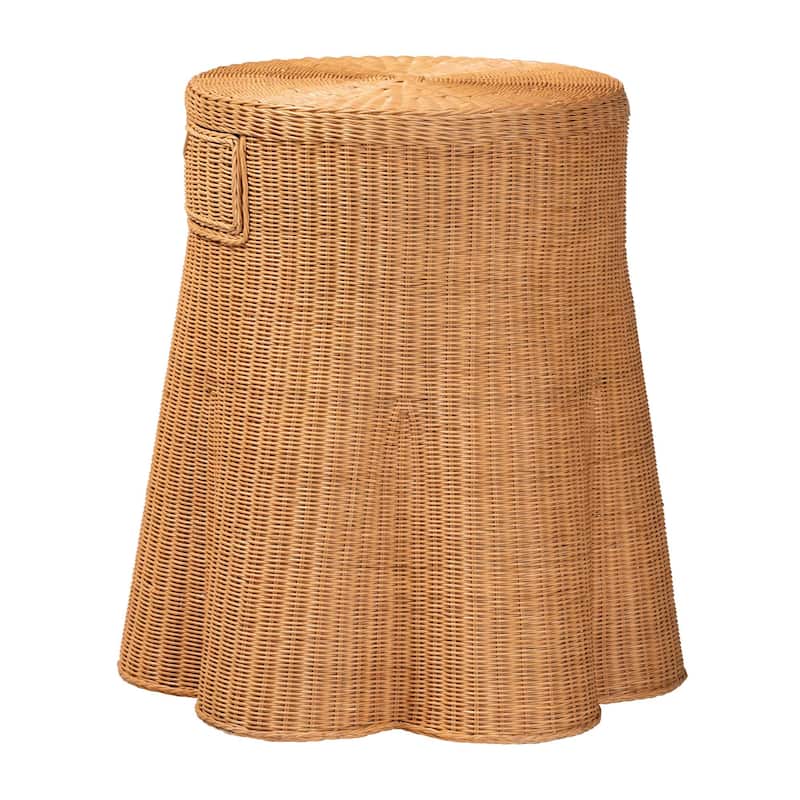 Dayo Scalloped Natural Rattan Console Table with Drawer - Handwoven Wicker Accent Table with Flared Skirt, Coastal Boho Style