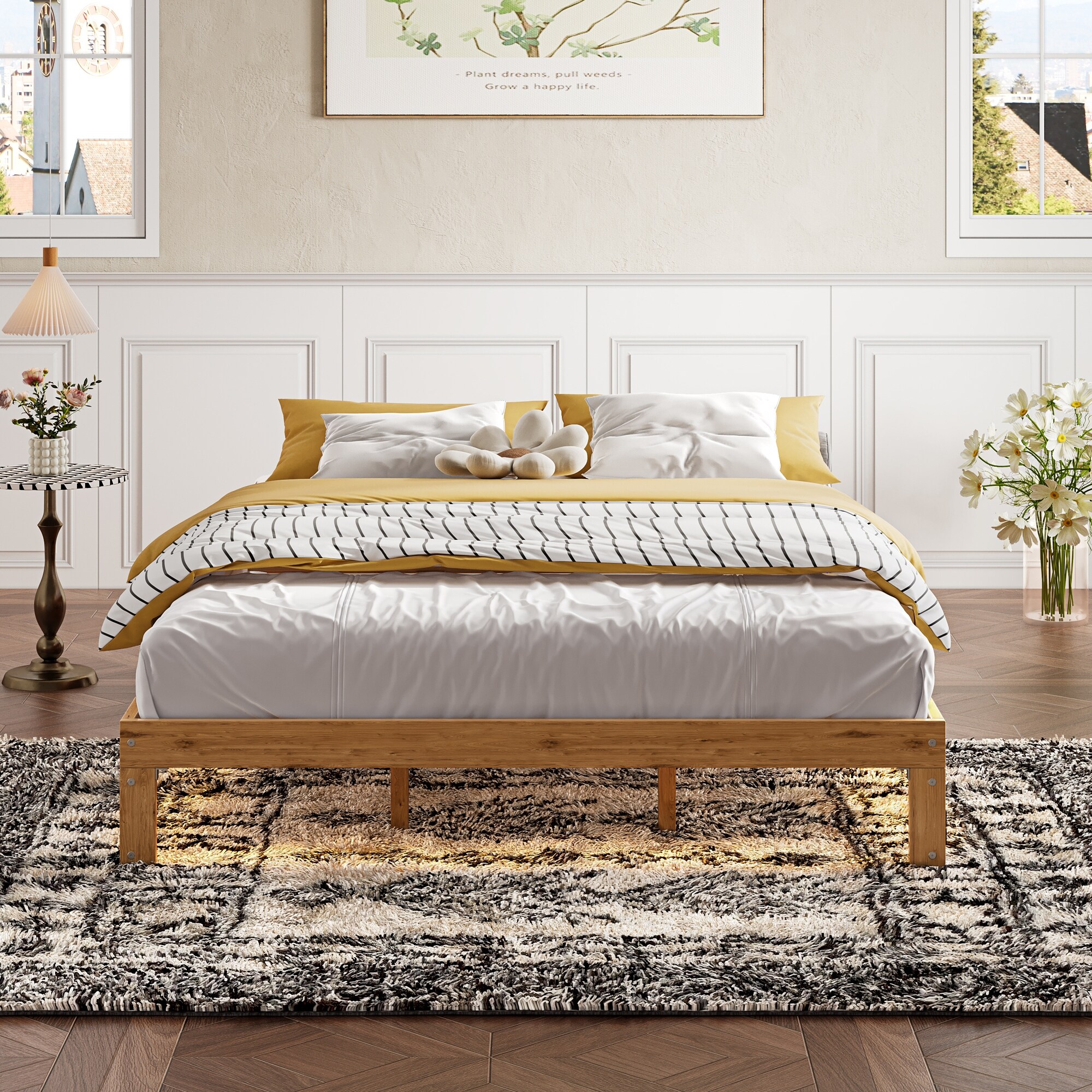 Queen Size Wood Platform Bed Frame 12 Inch Solid Wood Queen Bed Frame with Slat Support No Box Spring Needed Easy Assembly