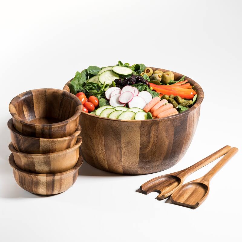 7 Piece - Extra Large Salad Bowl with Servers and 4 Individuals - 13 x 13