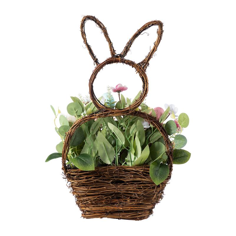 Glitzhome Easter Bunny Shaped Wreath with Eggs Satin Ribbon Bow Basket