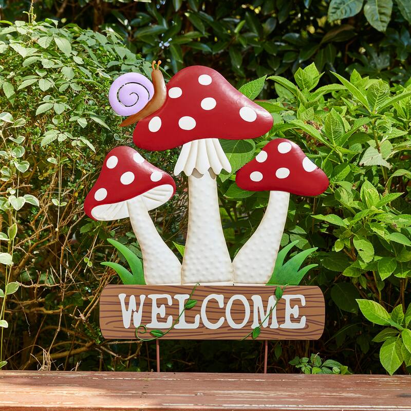 Glitzhome Metal/Wood Frog Stacked Mushroom Welcome Sign Yard Stakes Garden Wall Decor