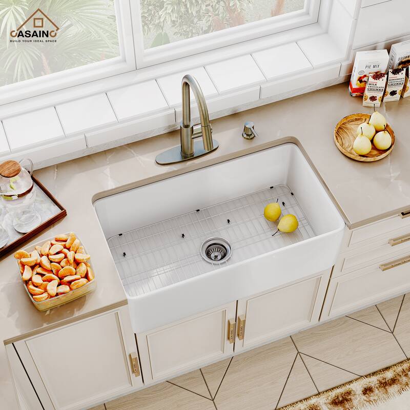 All-in-One Kit Farmhouse/Apron-Front Single Bowl Fireclay Kitchen Sink with Pull Down Sprayer Kitchen Faucet and Accessories