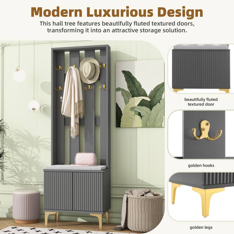 Roomfitters Luxury Hall Tree with Bench and Cushion, Versatile 4-in-1 Mudroom Organizer with Fluted Doors