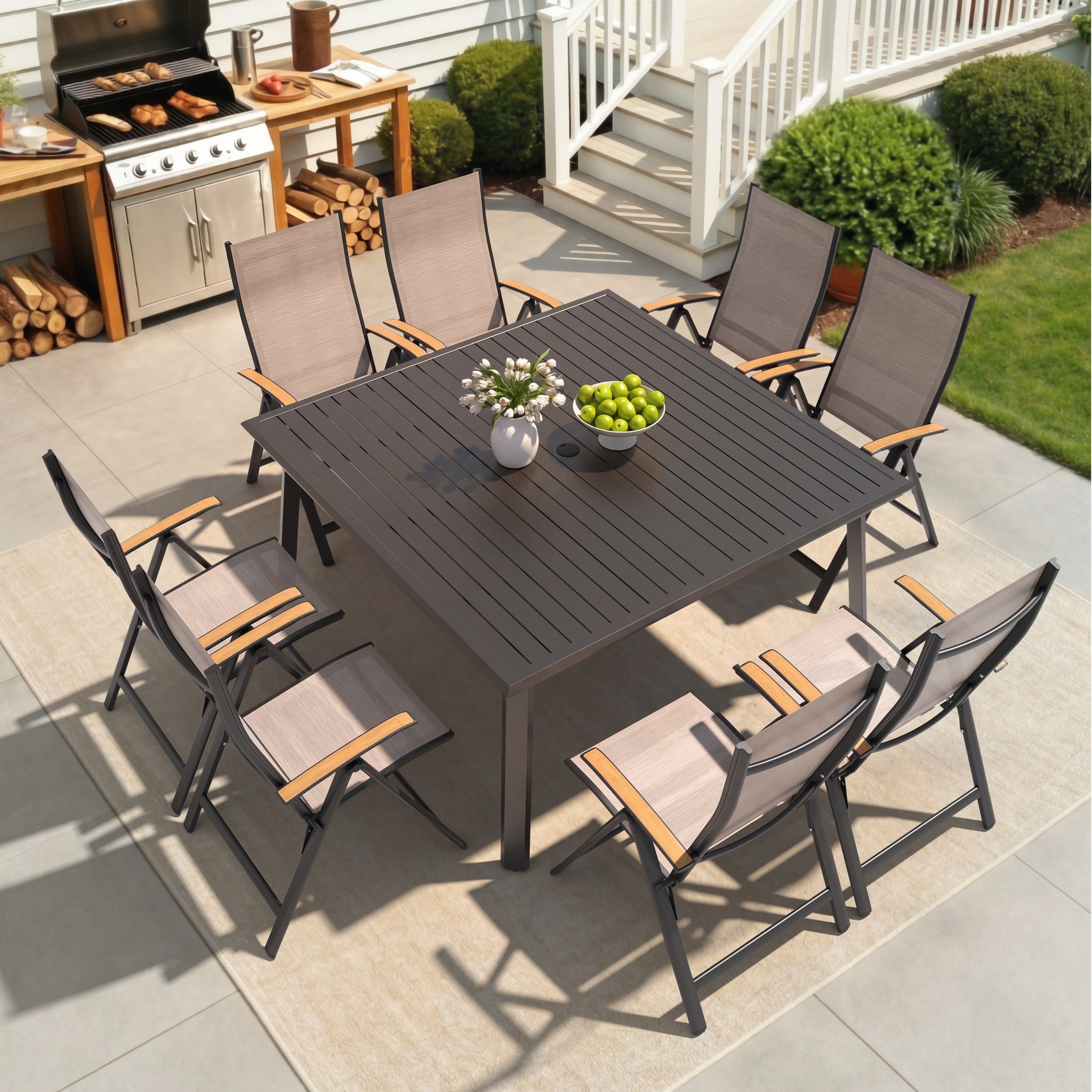 9-Piece Outdoor Patio Dining Set Aluminum Dining Table and Foldable Dining Chairs with Adjustable Back