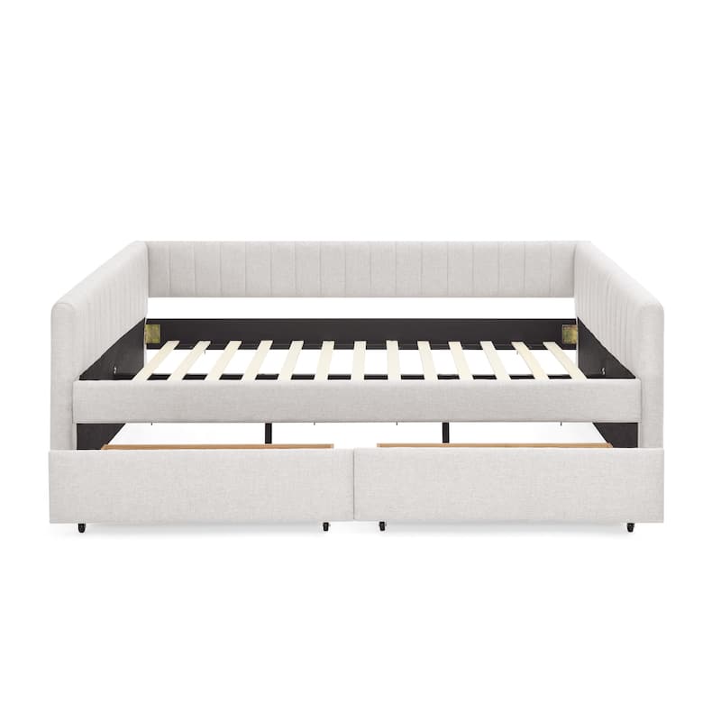 Roomfitters Queen Upholstered Daybed with Trundle and Storage Drawers, Vertical Striped Linen Sofa Bed