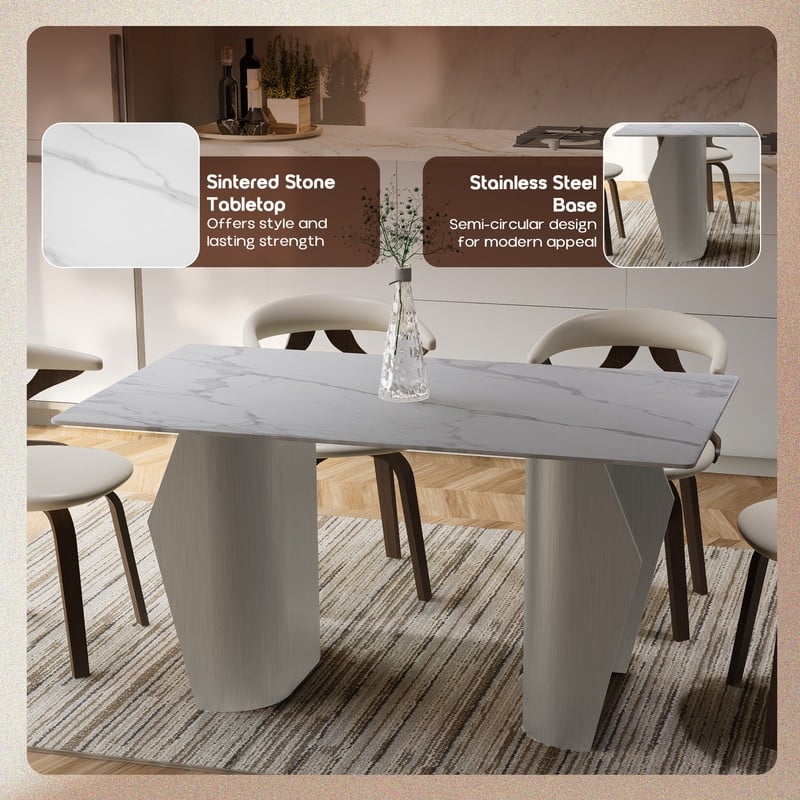 Zelan Mid-Century Modern Sintered Stone Dining Table - Rectangular Kitchen Table with Semi-Circular Steel Legs